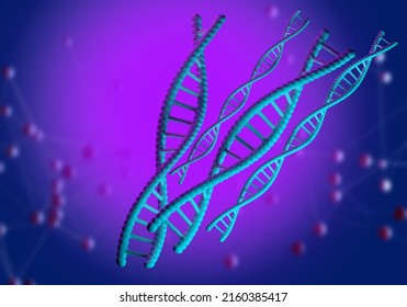 Purple Background With DNA Spirals. DNA Models. Medical Biotechnologies. Genetic Engineering Concept. Study Of Genes People. DNA Structure Background. Human Gene Chain. 3d Rendering.