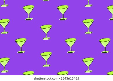 Purple background with a playful pattern of green martini glasses background. The background is vibrant, with a smooth, colorful texture. Purple and green. Cute hand drawn cocktail pattern background. - Powered by Shutterstock