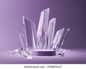 The purple base and crystal sticks in the purple scene. abstract background for accessories or jewelry. 3d rendering
