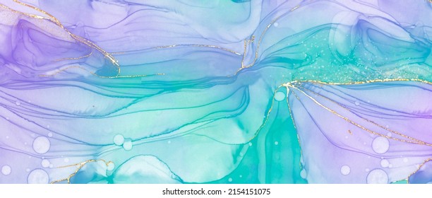 Purple and blue green color soft pastel alcohol-ink wallpaper background with golden line glitter.