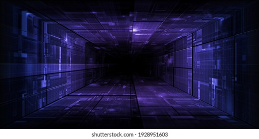 Purple Blue Vivid Lighting Digital Tech Tunnel Hi Tech Background.3d Rendering.