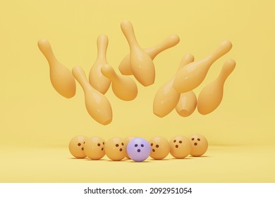 Purple bowling ball and scattered yellow skittles isolated on pastel background. Realistic game set. Different concept idea. Trendy 3d render for social media banners, promotion, product
