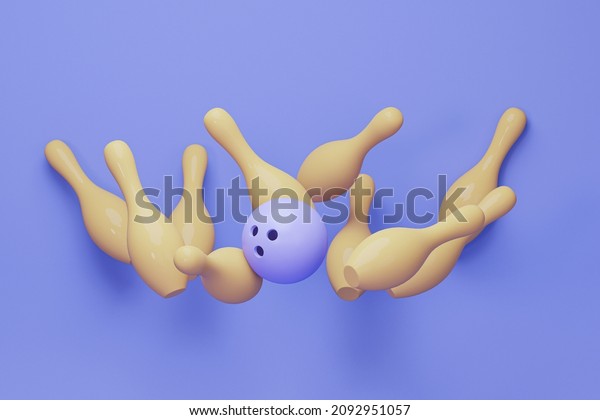 Purple bowling ball and scattered yellow\
skittles isolated on pastel background. Realistic game set.\
Different concept idea. Trendy 3d render for social media banners,\
promotion,\
product\
