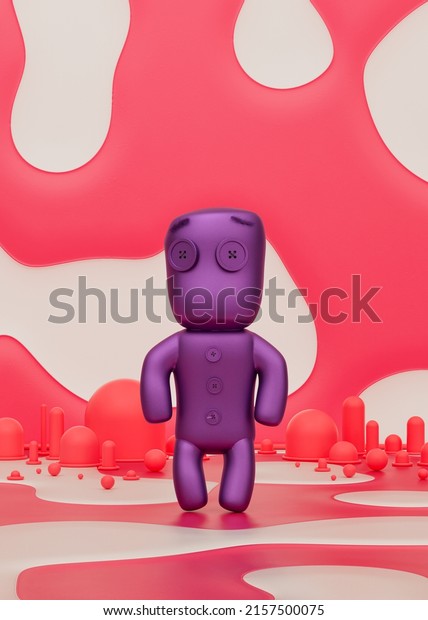 Purple bullet eye rag doll toy in pink\
room for preschool kids, 3d Rendering,\
nobody