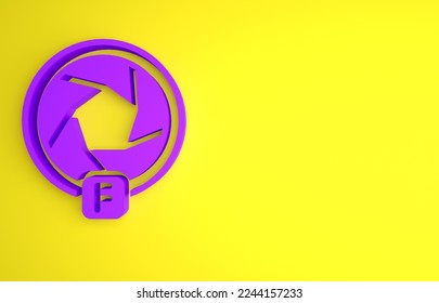 Purple Camera shutter icon isolated on yellow background. Minimalism concept. 3D render illustration.