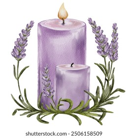 Purple candles surrounded by lavender and greenery in a tranquil setting - Powered by Shutterstock