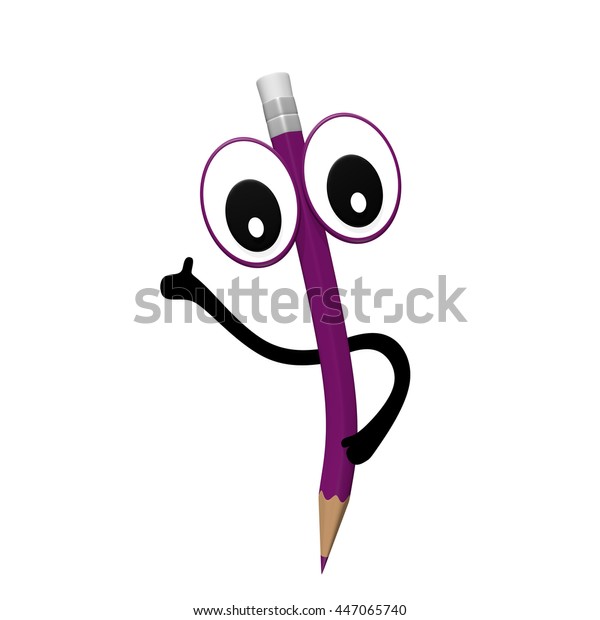 Purple Cartoon Pencil Character Eyes Hands Stock