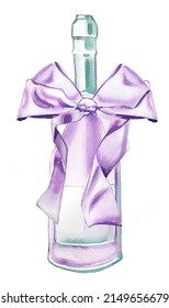 Purple Champagne Bottle With A Bow On Top. Present Illustration. Celebration Themed Design. Romantic  Drink Clipart For Greeting Card.