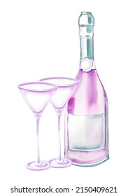 Purple Champagne Bottle With Glasses. Drink Illustration. Celebration Themed Design. Romantic  Drink Clipart For Greeting Card.