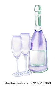 Purple Champagne Bottle With Glasses. Drink Illustration. Celebration Themed Design. Romantic  Drink Clipart For Greeting Card.