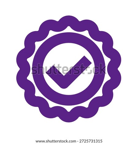 A purple checkmark within a circle, surrounded by a wavy border on a white background.
