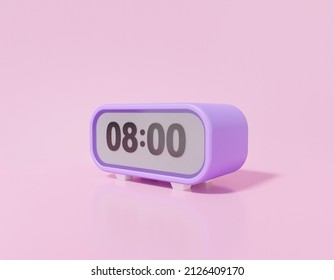 Purple Clock Icon Digital Telling Time Pointer 8 O'clock On Isolated Pink Background Minimal Cartoon Style Creative Concept. 3d Render Illustration