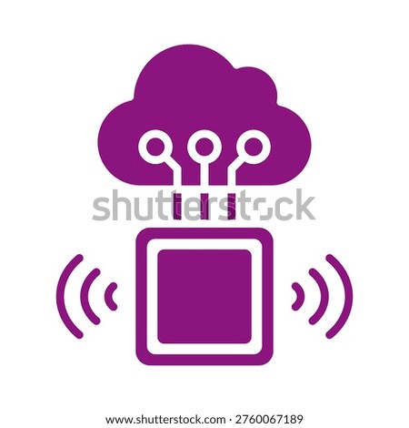 A purple cloud icon connected to a square device with wireless signals emanating from it