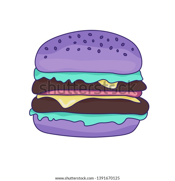 紫色のハンバーガー パステルカラー 白い背景にハンバーガー のイラスト素材