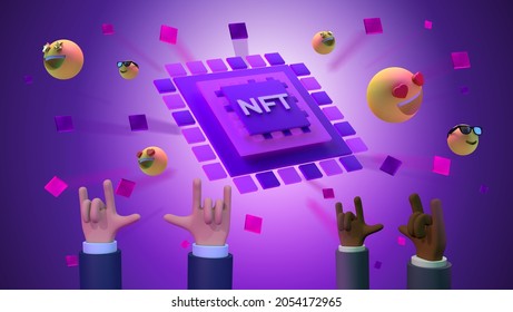 Purple Complete 3d Rendering Illustration Of Hands Holding NFT Non Fungible Token For Crypto Art On Space Background Based In Blockchain Technology And Disruptive Monetization In Collectibles Market