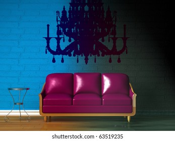 Purple Couch, Table And Silhouette Of Chandelier In Gradient Colored Minimalist Interior