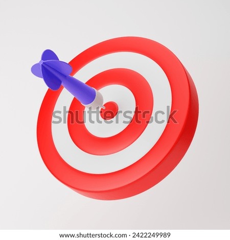 Purple dart hitting the center of target isolated over white background. 3d rendering.