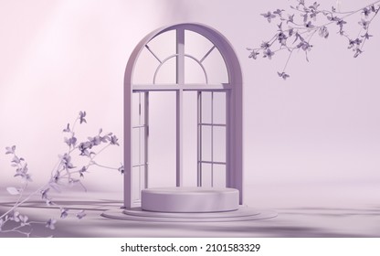 Purple Door And Abstract Podium With Sun Shade And Leaf Shadow. Stage Showcase On Pedestal Glass Studio Purple Background. 3D Rendering For Studio And Fashion Presentation. Geometry Shape. 
