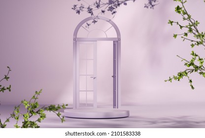 Purple Door And Abstract Podium With Sun Shade And Leaf Shadow. Stage Showcase On Pedestal Glass Studio Purple Background. 3D Rendering For Studio And Fashion Presentation. Geometry Shape. 
