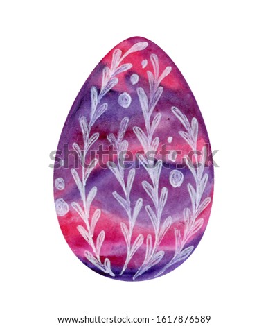  purple Easter egg with vegetable white pattern. Watercolor illustration. Object nga white background.