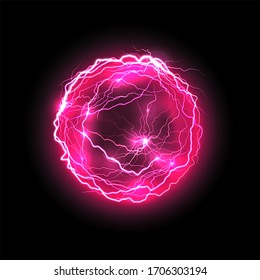Purple energy ball with lightings. Electricity violet bolt or magic orb, glowing plasma or night thunder spark, electric flare, shock or storm. Realistic thunderbolt. 3D illustration