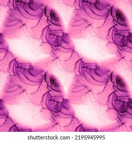 Purple Fabric Stain. Pink Sketch Water Color. Fashion Abstract Kaleidoscopic Rosette. Rose Alcohol Ink Background. Stained Glass Seamless. Colour Mix Background.