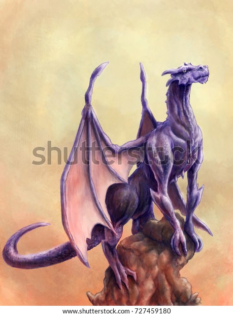 Purple Fantasy Dragon Climbing On Rock Stockillustration