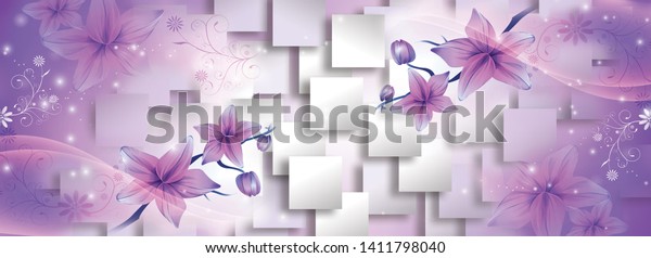 
purple flowers 3d squares background