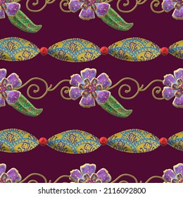 Purple Flowers With Ornamental Elements Seamless Pattern, Oriental Wallpaper, Indian Style Print, South East Asian Backdrop, Tribal Background