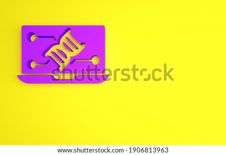 Purple Genetic engineering modification on laptop icon isolated on yellow background. DNA analysis, genetics testing, cloning. Minimalism concept. 3d illustration 3D render.