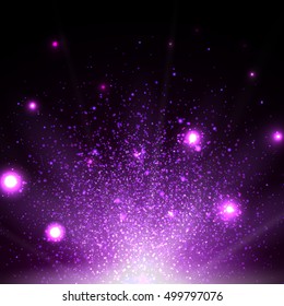 Purple Glitter Particles Background Effect. Sparkling Texture. Star Dust Sparks In Explosion, Bokeh Special Light Effect Isolated On Black Background. Illustration