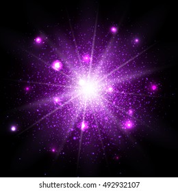 Purple Glitter Particles  Effect. Star Dust Sparks In Explosion On Black Background. Illustration