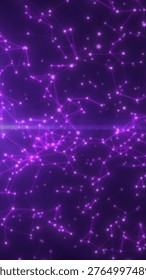 Purple glowing network of connected nodes and lines with floating particles, futuristic digital constellation background for technology and data concepts.