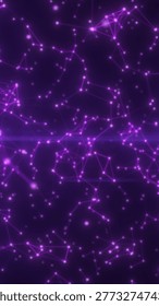 Purple glowing network of connected nodes and lines with floating particles, futuristic digital constellation background for technology and data concepts.