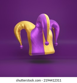 Purple And Gold Jester Hat Floating On A Purple Background, 3d Render