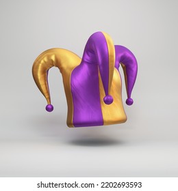 Purple And Gold Jester Hat Floating On A Gray Background, 3d Render