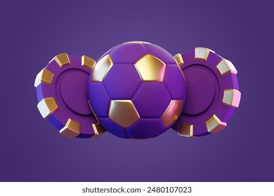 Purple and gold soccer ball flanked by two matching poker chips, representing sports and gambling themes. 3D render illustration - Powered by Shutterstock