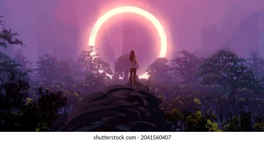 Purple golden hour. Bright ring. Orange atmosphere. Digital painting. Fictional abstract realm. Futuristic concept art. Colorful artistic landscape. 3D illustration.