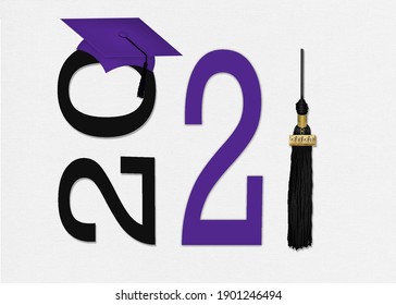 purple graduation cap with black tassel 3d illustration for the class of 2021 isolated on white background 