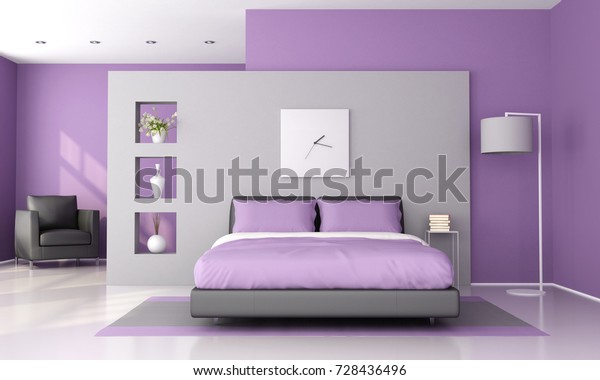 Purple Gray Modern Bedroom 3d Rendering Stock Illustration