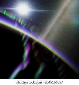 Purple and Green Aurora over Alien world with Star and Milky Way overhead, artistic 3D rendering