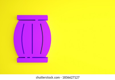 Purple Gun powder barrel icon isolated on yellow background. TNT dynamite wooden old barrel. Minimalism concept. 3d illustration 3D render.