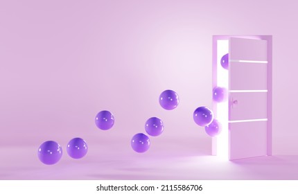 Purple Helium Balloons Flying In Open Door, 3d Render. Modern Interior Of Empty Room With Pink Wall And Floor, Minimal Concept. Birthday Or Valentine's Day Surprise, Romantic Gift, Balls For Party