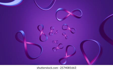 Purple infinity symbols swirling in 3D space, abstract background for website design