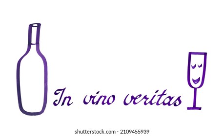 Purple Ink Drawing Of A Bottle, Glass And Lettering 