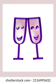 Purple Ink Drawing Of Two Glasses. The Concept Of A Festive Toast, A Wedding, A Friendly Party. Illustration In The Style Of A Kawaii Comic. 