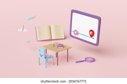 Purple Laptop, Tablet Computer With Play Bar, Paper Plane, Student Desk, Chair, Magnifying Isolated On Pink Background. Room Online Innovative Education, E-learning Concept, 3d Illustration, 3d Render