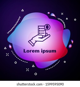 Purple Line Human Hand Holding With Blank Receipt Or Bill For Payment Icon Isolated On Dark Blue Background. Banking And Business Operations. Abstract Banner With Liquid Shapes. 