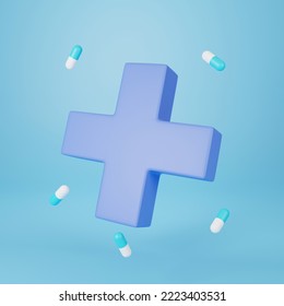 

Purple Medical Cross Symbol And Pills ,pills Capsule ,3d Rendering 