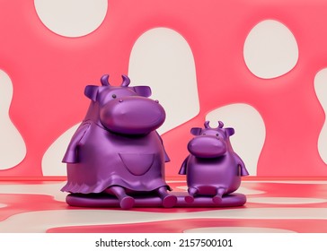 Purple Mom And Child Pig Toy In Pink Room For Preschool Kids, 3d Rendering, Nobody